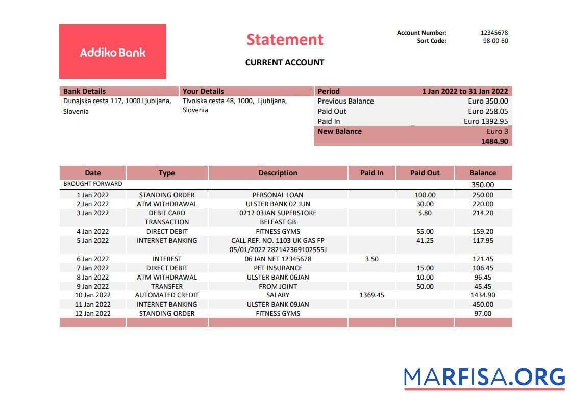 Realistic Slovenia Addiko bank statement word sample